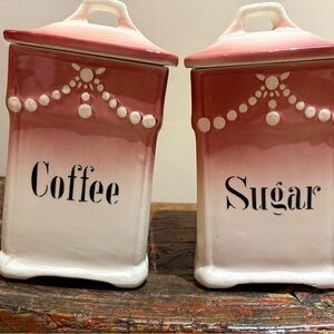 Antique Canister Set Coffee Sugar porcelain Germany Ilse 6.5/7” x 4 mauve ivory